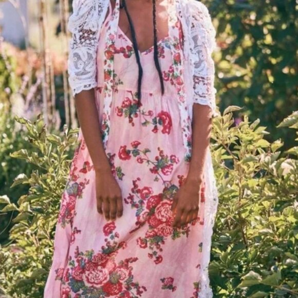 LOVESHACKFANCY FARADAY PINK DESERT Cotton Barbiecore Floral Maxi Slip XS $225 - Picture 10 of 16
